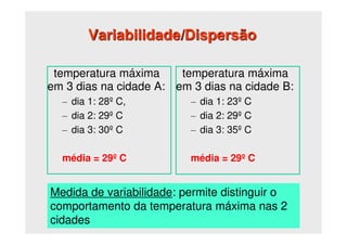 Variabilidade/Dispersão
temperatura máxima
em 3 dias na cidade A:
– dia 1: 28º C,
– dia 2: 29º C
– dia 3: 30º C
média = 29º C
temperatura máxima
em 3 dias na cidade B:
– dia 1: 23º C
– dia 2: 29º C
– dia 3: 35º C
média = 29º C
Medida de variabilidade: permite distinguir o
comportamento da temperatura máxima nas 2
cidades
 