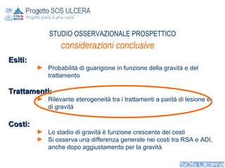 considerazioni conclusive STUDIO OSSERVAZIONALE PROSPETTICO Esiti:  Probabilità di guarigione in funzione della gravità e del trattamento Trattamenti: Rilevante eterogeneità tra i trattamenti a parità di lesione e di gravità Costi: Lo stadio di gravità è funzione crescente dei costi Si osserva una differenza generale nei costi tra RSA e ADI, anche dopo aggiustamento per la gravità 