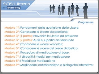 Programma Modulo 1°:  Fondamenti della guarigione delle ulcere:  Modulo 2°:  Conoscere le Ulcere da pressione: Modulo 3° (1 parte):  Prevenire le ulcere da pressione Modulo 3° (2 parte):  Ausili e superfici antidecubito Modulo 4°:  Conoscere le ulcere vascolari: Modulo 5°:  Conoscere le ulcere del piede diabetico: Modulo 6°:  Procedura di medicazione di base: Modulo 7°:  I dispositivi medici per medicazione Modulo 8°:  I Presidi per medicazione Modulo 9°:  Medicazioni antimicrobiche e biologiche interattive:  