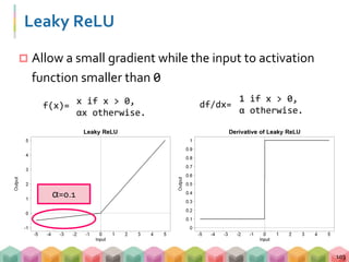 Leaky ReLU
 Allow a small gradient while the input to activation
function smaller than 0
103
α=0.1
f(x)= x if x > 0,
αx otherwise.
df/dx=
1 if x > 0,
α otherwise.
 