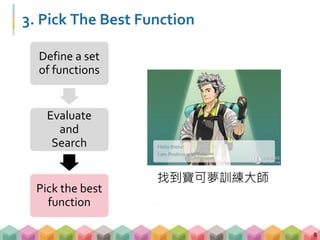 3. Pick The Best Function
8
Define a set
of functions
Evaluate
and
Search
Pick the best
function
找到寶可夢訓練大師
 
