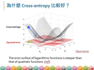 為什麼 Cross-entropy 比較好？
89
Cross-entropy
Squared error
The error surface of logarithmic functions is steeper than
that of quadratic functions. [ref]
Figure source
 