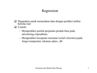 7
Regression
Digunakan untuk memetakan data dengan prediksi atribut
bernilai real
Contoh:
– Memprediksi jumlah penjualan produk baru pada
advertising expenditure.
– Memprediksi kecepatan memutar (wind velocities) pada
fungsi temperatur, tekanan udara , dll
Arsitektur dan Model Data Mining
 