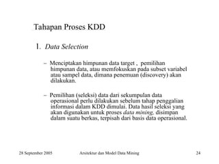 24
Tahapan Proses KDD
1. Data Selection
– Menciptakan himpunan data target , pemilihan
himpunan data, atau memfokuskan pada subset variabel
atau sampel data, dimana penemuan (discovery) akan
dilakukan.
– Pemilihan (seleksi) data dari sekumpulan data
operasional perlu dilakukan sebelum tahap penggalian
informasi dalam KDD dimulai. Data hasil seleksi yang
akan digunakan untuk proses data mining, disimpan
dalam suatu berkas, terpisah dari basis data operasional.
28 September 2005 Arsitektur dan Model Data Mining
 