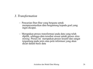 26
3. Transformation
– Pencarian fitur-fitur yang berguna untuk
mempresentasikan data bergantung kepada goal yang
ingin dicapai.
– Merupakan proses transformasi pada data yang telah
dipilih, sehingga data tersebut sesuai untuk proses data
mining. Proses ini merupakan proses kreatif dan sangat
tergantung pada jenis atau pola informasi yang akan
dicari dalam basis data
Arsitektur dan Model Data Mining
 