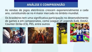 ANÁLISE E COMPREENSÃO
As vendas de jogos eletrônicos crescem exponencialmente a cada
ano, constituindo-se no 4 maior mercado no âmbito mundial.
Os brasileiros tem uma significativa participação no desenvolvimento
de games e em campeonatos, como League of Legends (Lol), DotA2,
Counter-Strike (CS), PES, entre outros
 