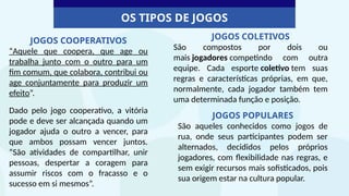 Interagindo...
OS TIPOS DE JOGOS
JOGOS COOPERATIVOS
“Aquele que coopera, que age ou
trabalha junto com o outro para um
fim comum, que colabora, contribui ou
age conjuntamente para produzir um
efeito”.
Dado pelo jogo cooperativo, a vitória
pode e deve ser alcançada quando um
jogador ajuda o outro a vencer, para
que ambos possam vencer juntos.
“São atividades de compartilhar, unir
pessoas, despertar a coragem para
assumir riscos com o fracasso e o
sucesso em si mesmos”.
JOGOS COLETIVOS
São compostos por dois ou
mais jogadores competindo com outra
equipe. Cada esporte coletivo tem suas
regras e características próprias, em que,
normalmente, cada jogador também tem
uma determinada função e posição.
JOGOS POPULARES
São aqueles conhecidos como jogos de
rua, onde seus participantes podem ser
alternados, decididos pelos próprios
jogadores, com flexibilidade nas regras, e
sem exigir recursos mais sofisticados, pois
sua origem estar na cultura popular.
 
