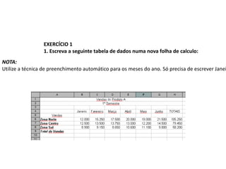 EXERCÍCIO 1
                 1. Escreva a seguinte tabela de dados numa nova folha de calculo:
NOTA:
Utilize a técnica de preenchimento automático para os meses do ano. Só precisa de escrever Janei
 
