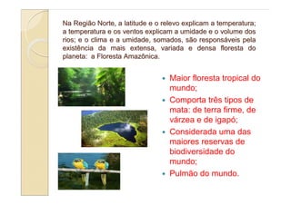 Na Região Norte, a latitude e o relevo explicam a temperatura;
a temperatura e os ventos explicam a umidade e o volume dos
rios; e o clima e a umidade, somados, são responsáveis pela
existência da mais extensa, variada e densa floresta do
planeta: a Floresta Amazônica.


                                  Maior floresta tropical do
                                  mundo;
                                  Comporta três tipos de
                                  mata: de terra firme, de
                                  várzea e de igapó;
                                  Considerada uma das
                                  maiores reservas de
                                  biodiversidade do
                                  mundo;
                                  Pulmão do mundo.
 