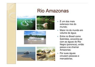 Rio Amazonas

        É um dos mais
        extensos rios do
        mundo;
        Maior rio do mundo em
        volume de água;
        Entra no Brasil como
        Solimões, encontra-se
        com as águas do Rio
        Negro (pororoca), então
        passa a se chamar
        Amazonas;
        Por suas águas
        circulam pessoas e
        mercadorias.
 