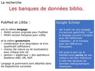 La recherche
Les banques de données biblio.
Google Scholar
• est à part car son langage
n’a aucune spécificité : c’est
le langage courant (l’anglais
pour les références
anglaises ; et le français
pour les références
françaises)
• Est aussi à part car la
fiabilité dune partie de son
contenu est bien inférieure
à celle des banques de
données bibliographiques
classiques.
PubMed et LiSSa :
ont le même langage
• MeSH version originale pour PubMed
• MeSH version française pour LiSSa
et la même grammaire
• combinaison d’un descripteur et d’un
qualificatif (affiliation)
• champ (de nature ou de localisation)
pour chaque mot clé
• gestion « algébrique » des opérateurs
booléens AND, OR, NOT
Langage et grammaire sont détaillés dans
les diapositives suivantes
 