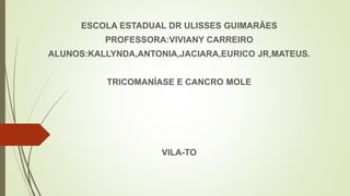 ESCOLA ESTADUAL DR ULISSES GUIMARÃES
PROFESSORA:VIVIANY CARREIRO
ALUNOS:KALLYNDA,ANTONIA,JACIARA,EURICO JR,MATEUS.
TRICOMANÍASE E CANCRO MOLE
VILA-TO
 