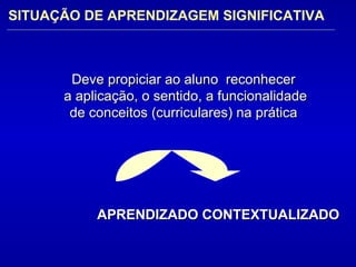 Deve propiciar ao aluno  reconhecer  a aplicação, o sentido, a funcionalidade de conceitos (curriculares) na prática   APRENDIZADO CONTEXTUALIZADO SITUAÇÃO DE APRENDIZAGEM SIGNIFICATIVA   