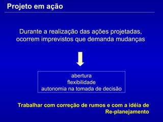Durante a realização das ações projetadas,  ocorrem imprevistos que demanda mudanças  Projeto em ação abertura flexibilidade autonomia na tomada de decisão Trabalhar com correção de rumos e com a idéia de Re-planejamento 