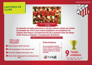 2.HISTÓRIA DO
CLUBE
Esporte Clube Comercial
E
C
C
O colorado sul-mato-grossense é um dos maiores clubes do estado,
foi fundado em 1943 e teve como fundadores ex-estudantes do
Colégio Dom Bosco. O Comercial-MS foi o primeiro time do antigo
Mato Grosso a disputar o Campeonato Brasileiro.
9Títulos
estaduais
1976 – 1982 – 1985 – 1987 – 1993
– 1994 – 2000 – 2001 – 2010
E
C
C
x1 0
Em uma partida disputada
no dia 12/09/1973, o Comercial
venceu o Santos de Pelé em
um jogo histórico no estádio
Morenão.
Nome: Esporte Clube Comercial
Data de fundação: 15 de março de 1943
Mascotes: Diabinho, lobo-guará, saci.
Último título: Campeoanto Sul-matogrossense
2010
Feito histórico
confira mais no site oficial: www.eccomercialms.com.br
Time campeão estadual
de 1982
 