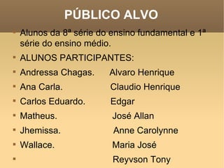 PÚBLICO ALVO Alunos da 8ª série do ensino fundamental e 1ª série do ensino médio. ALUNOS PARTICIPANTES: Andressa Chagas.  Alvaro Henrique Ana Carla.  Claudio Henrique  Carlos Eduardo.  Edgar Matheus.  José Allan Jhemissa.  Anne Carolynne Wallace.  Maria José  Reyvson Tony  