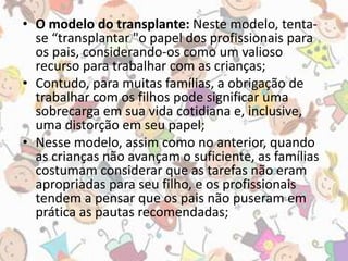 • O modelo do transplante: Neste modelo, tenta-se 
“transplantar "o papel dos profissionais para 
os pais, considerando-os como um valioso 
recurso para trabalhar com as crianças; 
• Contudo, para muitas famílias, a obrigação de 
trabalhar com os filhos pode significar uma 
sobrecarga em sua vida cotidiana e, inclusive, 
uma distorção em seu papel; 
• Nesse modelo, assim como no anterior, quando 
as crianças não avançam o suficiente, as famílias 
costumam considerar que as tarefas não eram 
apropriadas para seu filho, e os profissionais 
tendem a pensar que os pais não puseram em 
prática as pautas recomendadas; 
 