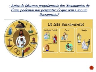 - Antes de falarmos propriamente dos Sacramentos de
Cura, podemos nos perguntar: O que vem a ser um
Sacramento?
 
