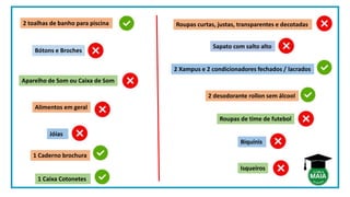 2 toalhas de banho para piscina
Bótons e Broches
Aparelho de Som ou Caixa de Som
Alimentos em geral
Roupas curtas, justas, transparentes e decotadas
Sapato com salto alto
Isqueiros
Roupas de time de futebol
Jóias
Biquínis
2 Xampus e 2 condicionadores fechados / lacrados
1 Caixa Cotonetes
1 Caderno brochura
2 desodorante rollon sem álcool
 