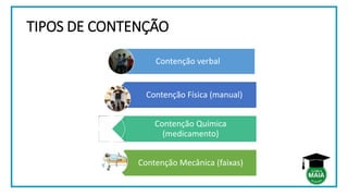 TIPOS DE CONTENÇÃO
Contenção Física (manual)
Contenção Química
(medicamento)
Contenção Mecânica (faixas)
Contenção verbal
 