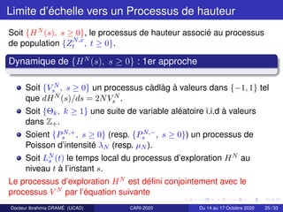 Limite d’échelle vers un Processus de hauteur
Soit {HN (s), s ≥ 0}, le processus de hauteur associé au processus
de popula...