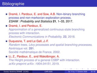 Bibliographie
Dramé, I. Pardoux, E. and Sow, A.B. Non–binary branching
process and non-markovian exploration process.
ESAI...