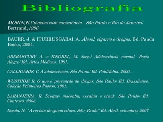 MORIN,E.Ciências com consciência . São Paulo e Rio de Janeiro:
Bertrand,1996

BAUER, J. & ITURRUSGARAI, A. Álcool, cigarro e drogas. Ed. Panda
Books, 2004.

ABERASTURY, A. e KNOBEL, M. (org.) Adolescência normal. Porto
Alegre: Ed. Artes Médicas. 1981.

CALLIGARIS, C. A adolescência. São Paulo: Ed. Publifolha, 2000..

WUSTHOF, R. O que é prevenção de drogas. São Paulo: Ed. Brasiliense,
Coleção Primeiros Passos, 1991.

LARANJEIRA, R. Drogas: maconha, cocaína e crack. São Paulo: Ed.
Contexto, 2003.

Escola, N. : A revista de quem educa. São Paulo:: Ed. Abril, setembro, 2007
 