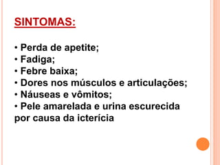 SINTOMAS:
• Perda de apetite;
• Fadiga;
• Febre baixa;
• Dores nos músculos e articulações;
• Náuseas e vômitos;
• Pele amarelada e urina escurecida
por causa da icterícia
 