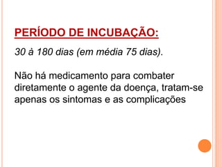 PERÍODO DE INCUBAÇÃO:
30 à 180 dias (em média 75 dias).
Não há medicamento para combater
diretamente o agente da doença, tratam-se
apenas os sintomas e as complicações
 