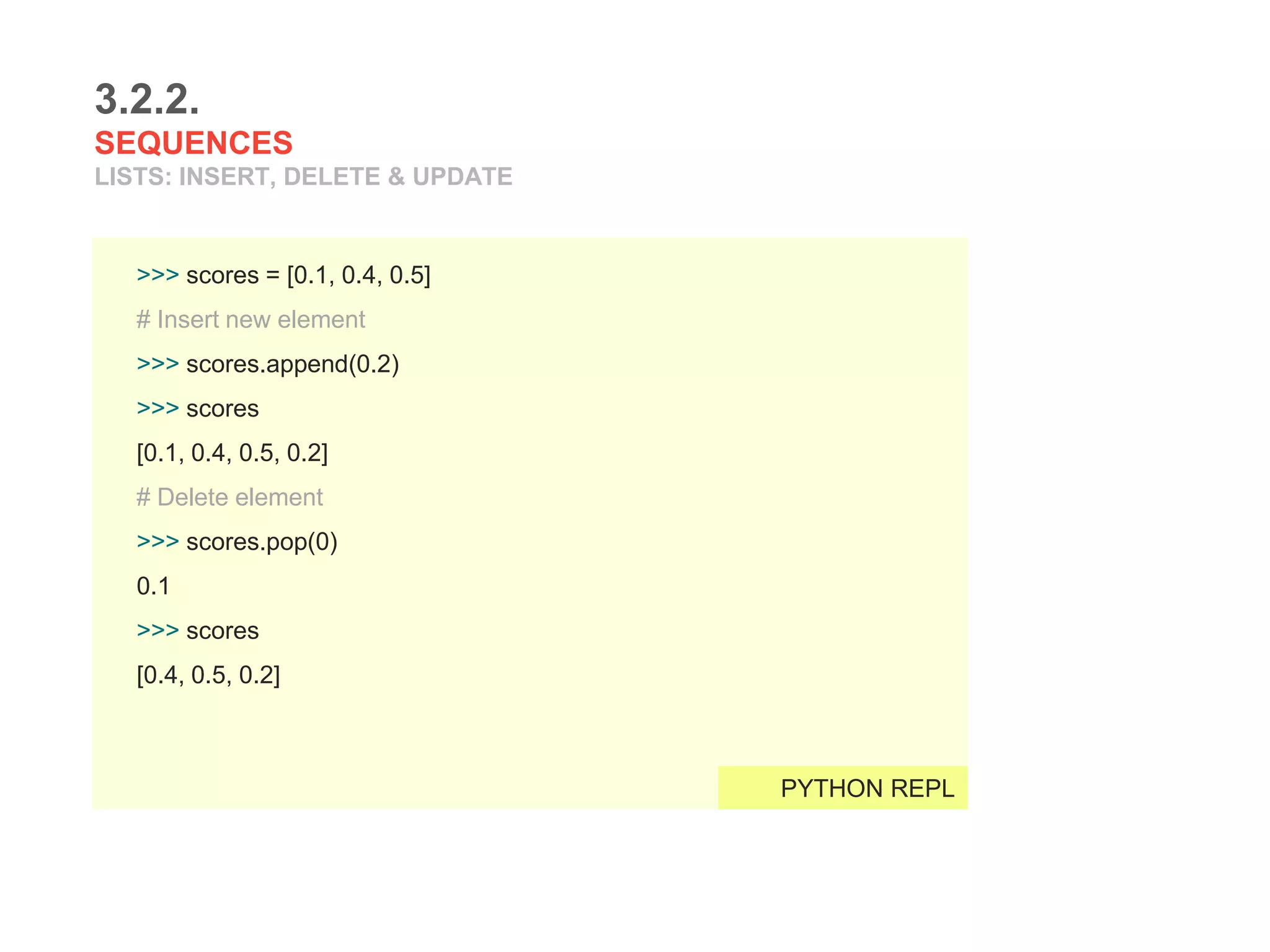 3.2.2.
SEQUENCES
LISTS: INSERT, DELETE & UPDATE
>>> scores = [0.1, 0.4, 0.5]
# Insert new element
>>> scores.append(0.2)
>>> scores
[0.1, 0.4, 0.5, 0.2]
# Delete element
>>> scores.pop(0)
0.1
>>> scores
[0.4, 0.5, 0.2]
PYTHON REPL
 