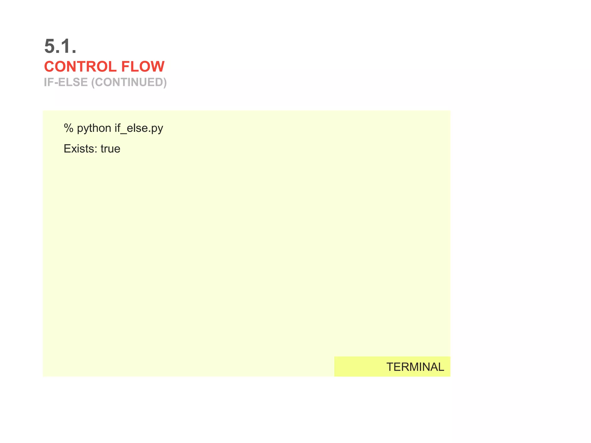 5.1.
CONTROL FLOW
IF-ELSE (CONTINUED)
% python if_else.py
Exists: true
TERMINAL
 