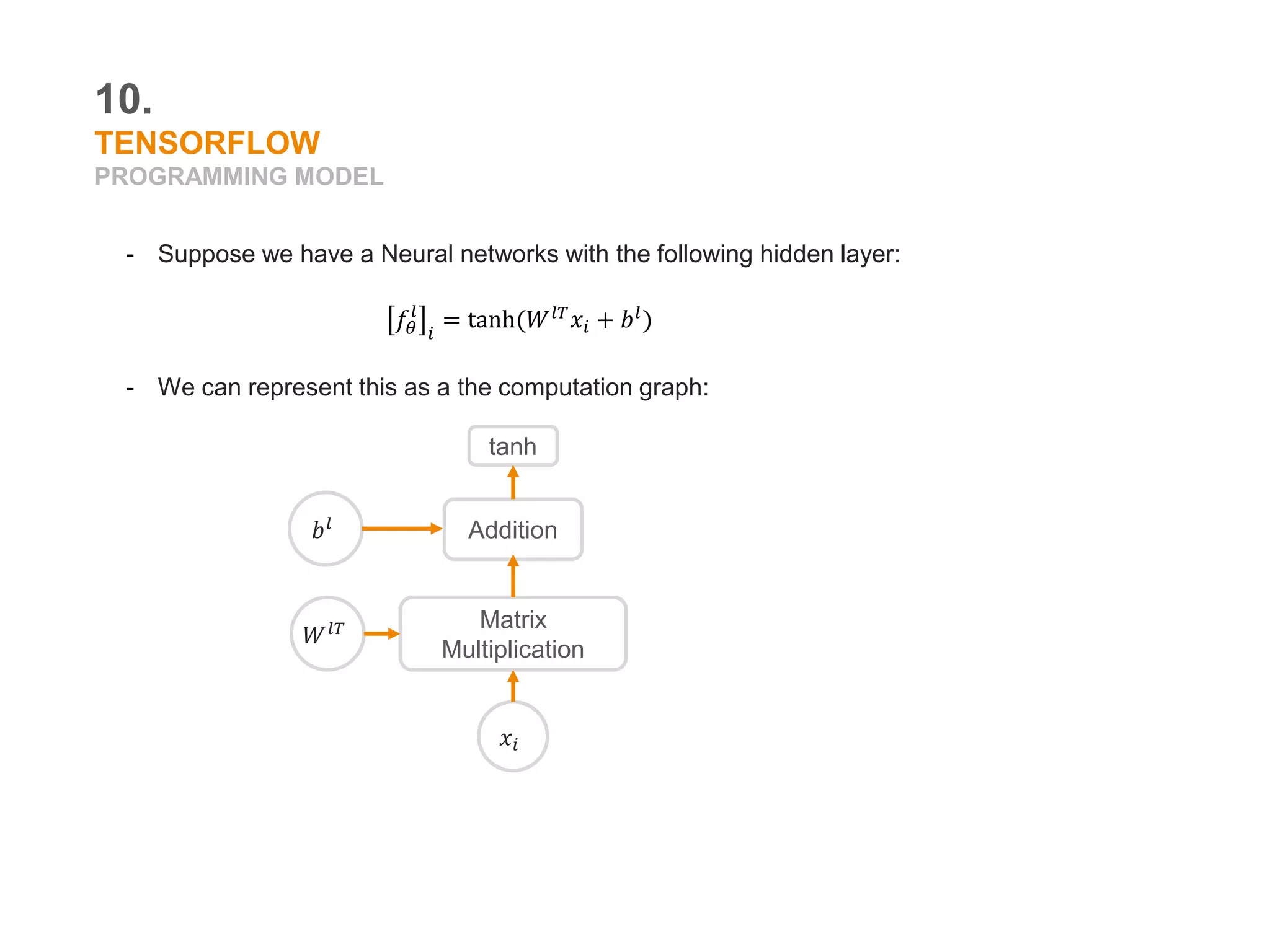 10.
TENSORFLOW
PROGRAMMING MODEL
- Suppose we have a Neural networks with the following hidden layer:
- We can represent this as a the computation graph:
𝑓𝜃
𝑙
𝑖
= tanh(𝑊 𝑙𝑇
𝑥𝑖 + 𝑏 𝑙
)
𝑊 𝑙𝑇
𝑥𝑖
Matrix
Multiplication
Addition
tanh
𝑏 𝑙
 