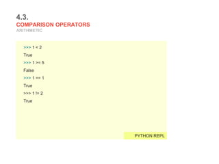 4.3.
COMPARISON OPERATORS
ARITHMETIC
>>> 1 < 2
True
>>> 1 >= 5
False
>>> 1 == 1
True
>>> 1 != 2
True
PYTHON REPL
 