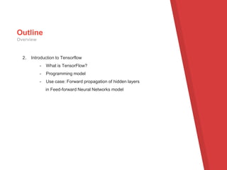 2. Introduction to Tensorflow
- What is TensorFlow?
- Programming model
- Use case: Forward propagation of hidden layers
in Feed-forward Neural Networks model
Outline
Overview
 