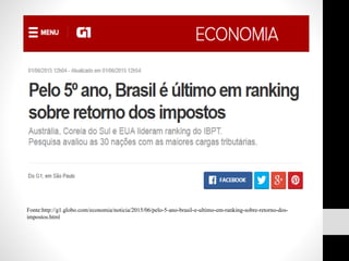 Fonte:http://g1.globo.com/economia/noticia/2015/06/pelo-5-ano-brasil-e-ultimo-em-ranking-sobre-retorno-dos-
impostos.html
 