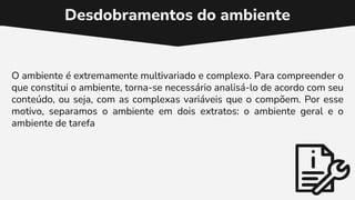 Desdobramentos do ambiente
O ambiente é extremamente multivariado e complexo. Para compreender o
que constitui o ambiente, torna-se necessário analisá-lo de acordo com seu
conteúdo, ou seja, com as complexas variáveis que o compõem. Por esse
motivo, separamos o ambiente em dois extratos: o ambiente geral e o
ambiente de tarefa
 