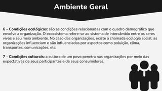 Ambiente Geral
6 - Condições ecológicas: são as condições relacionadas com o quadro demográfico que
envolve a organização. O ecossistema refere-se ao sistema de intercâmbio entre os seres
vivos e seu meio ambiente. No caso das organizações, existe a chamada ecologia social: as
organizações influenciam e são influenciadas por aspectos como poluição, clima,
transportes, comunicações, etc;
7 - Condições culturais: a cultura de um povo penetra nas organizações por meio das
expectativas de seus participantes e de seus consumidores.
 