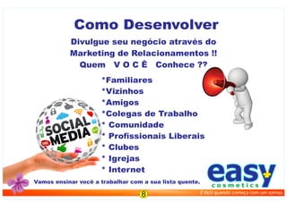 Como Desenvolver
Divulgue seu negócio através do
Marketing de Relacionamentos !!
Quem V O C Ê Conhece ??
Vamos ensinar você a trabalhar com a sua lista quente.
*Familiares
*Vizinhos
*Amigos
*Colegas de Trabalho
* Comunidade
* Proﬁssionais Liberais
* Clubes
* Igrejas
* Internet
easyc o s m e t i c s
É fácil quando começa com um sorriso.
8
 