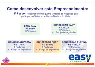 1º Passo: - escolher um dos quatro Modelos de Negócios para
participar do Sistema de Venda Direta e do MMN.
Como desenvolver este Empreendimento:
CONCESSÃO EASY
R$ 210,00
1 Perfumes
+ 1 Estojo de fragrâncias
easyc o s m e t i c s
É fácil quando começa com um sorriso.10
CONCESSÃO PRATA
R$ 320,00
3 Perfumes
+ 1 Estojo de fragrâncias
CONCESSÃO PLATINA
R$ 1.680,00
19 Perfumes
+ 1 Estojo de fragrâncias
CONCESSÃO OURO
R$ 880,00
9 Perfumes
+ 1 Estojo de fragrâncias
EASY Easy
R$ 80,00
1 Perfumes
 