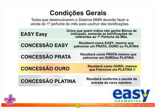 CONCESSÃO PRATA
Receberá como PRATA mesmo que
patrocine um OUROou PLATINA
CONCESSÃO OURO
Receberá como OURO, mesmo
que Patrocine um PLATINA !!
CONCESSÃO PLATINA
Receberá conforme o pacote de
entrada do novo membro.
Condições Gerais
Todos que desenvolverem o Sistema MMN deverão fazer a
venda do 1º perfume do mês para usufruir das boniﬁcações.
CONCESSÃO EASY
Receberá como EASY, mesmo que
patrocine um PRATA, OURO ou PLATINA
easyc o s m e t i c s
É fácil quando começa com um sorriso.12
EASY Easy
Único que quem indica não ganha Bônus de
indicação, somente as boniﬁcações do
referentes ao 1º Perfume do Mês.
 
