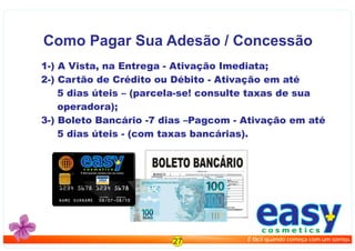 1-) A Vista, na Entrega - Ativação Imediata;
2-) Cartão de Crédito ou Débito - Ativação em até
5 dias úteis – (parcela-se! consulte taxas de sua
operadora);
3-) Boleto Bancário -7 dias –Pagcom - Ativação em até
5 dias úteis - (com taxas bancárias).
Como Pagar Sua Adesão / Concessão
27
easyc o s m e t i c s
É fácil quando começa com um sorriso.
easyc o s m e t i c s
É fácil quando começa com um sorriso.
 
