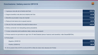1. Ingressos més alts de la història del Club 530 M
2. Segons beneficis més alts de la història del Club 41 M
3. Beneficis acumulats 4 anys de mandat 113 M
4. Reducció del deute net en aquest exercici 44 M
5. Des de l’inici del mandat s’ha reduït el deute net en 143 M
6. Esforç comercial i de màrqueting sense precedents
7. 4 anys consecutius amb auditories netes, sense cap excepció
8. Primer exercici en què entra en vigor l’art. 67 dels Estatuts (tancar l’exercici amb beneficis i ràtio Deute/EBITDA)
9. Fons propis
Negatius (30/06/10) - 62 M
Positius (30/06/14) 50 M
10. De la posició 24a el 2010 a la 2a el 2014 a llista de clubs més valuosos de Forbes
Conclusions i balanç exercici 2013/14
 