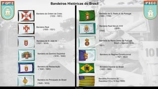 Bandeira de Ordem de Cristo
(1332 - 1651)
Bandeira Real
(1500 - 1521)
Bandeira de D. João III
(1521 - 1616)
Bandeira do Domínio Espanhol
(1616 - 1640)
Bandeira da Restauração
( 1640 - 1683)
Bandeira do Principado do Brasil
(1645 - 1816)
Bandeira de D. Pedro II, de Portugal
(1683 - 1706)
Bandeira Real Século XVII
(1600 -
1700)
Bandeira do Reino Unido de Portugal,
Brasil e Algarve (1816-
1821)
Bandeira do Regime Constitucional
( 1821- 1822)
Bandeira Imperial do Brasil
(1822 - 1889)
Bandeira Provisória da
República (15 a 19 Nov 1889)
Bandeiras Históricas do Brasil
Ria Slides
 