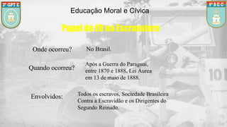 Educação Moral e Cívica
Papel do EB na Escravatura
Onde ocorreu? No Brasil.
Quando ocorreu?
Após a Guerra do Paraguai,
entre 1870 e 1888, Lei Áurea
em 13 de maio de 1888.
Envolvidos: Todos os escravos, Sociedade Brasileira
Contra a Escravidão e os Dirigentes do
Segundo Reinado.
 
