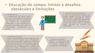 • Educação do campo: limites e desafios:
obstáculos e limitações
• Analfabetismo:
O analfabetismo nas zonas rurais
tem como consequência a distância
e o isolamento de seus moradores,
que culmina na infraestrutura
inadequada, a qual desestimula a
frequência de crianças das regiões a
frequentarem normalmente as
escolas.
• Infraestrutura Escolar:
Melhorar a infraestrutura das
escolas rurais, incluindo acesso
à internet, bibliotecas e
transporte escolar adequado.
• Ausência de políticas públicas:
A falta de movimentos políticos do
Estado também acarreta um grande
desafio para a educação do campo,
pois sem os recursos governamentais,
não há infraestrutura adequada para o
ensino nas zonas rurais e também
pode acarretar na ausência de
professores.
• Carência de professores:
A ausência de professores é um fator importante que
se prova como um desafio para a educação do
campo, afinal, como educar a população rural se há a
ausência de docentes? Isso ocorre devido a falta de
investimentos do Estados e a falta de preparo de
educadores para se habituarem com o contexto do
campo, sem contar a distância e a infraestrutura
precária que geralmente os afasta de atuarem nessas
zonas.
 