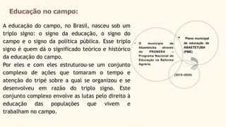 • O município de
Abaetetuba através
do PRONERA –
Programa Nacional de
Educação na Reforma
Agrária.
Educação no campo:
A educação do campo, no Brasil, nasceu sob um
triplo signo: o signo da educação, o signo do
campo e o signo da política pública. Esse triplo
signo é quem dá o significado teórico e histórico
da educação do campo.
Por eles e com eles estruturou-se um conjunto
complexo de ações que tomaram o tempo e
atenção do tripé sobre a qual se organizou e se
desenvolveu em razão do triplo signo. Este
conjunto complexo envolve as lutas pelo direito à
educação das populações que vivem e
trabalham no campo.
• Plano municipal
de educação de
ABAETETUBA
(PME)
(2015–2025).
 