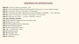 Slide 04: Conceito, objetivos, população - alvo.
Slide 05: Contextualização histórica da política pública Educação no campo (linha do tempo).
Slide 06: Legislação: Pronera, Procampo e Pronacampo.
Slide 07: Composição de Fundo e Manutenção de Educação Básica (FUNDEB) — Leis e aplicação
Slide 08: Ações Estratégicas: Pronera, Procampo e Pronacampo.
Slide 09: Educação de Campo — Limites e Desafios: metas e
Slide 10-11: Obstáculoselimitações
Slide 12-13: Estatísticas Comparativas entre zona urbana e rural.
Slide 14: Educação no campo.
Slide 15: Políticas públicas como as conhecemos.
Slide 16: Fim das políticas públicas.
Slide 17: Para compreender melhor...
Slide 18: Considerações finais
Slide 19: Problematização
Slide 20: Mensagem final
Slide 21: Agradecimentos
Slide 22: Referências
SEQUÊNCIA DE APRESENTAÇÃO
 