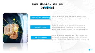 18
How Gemini AI Is
Trained
Supervised learning
Gemini AI modules were trained to predict outputs
for new data by using patterns learned from labeled
training data.
Unsupervised
learning
Gemini AI modules were trained to autonomously
discover patterns, structures, or relationship
within data without the need for labeled examples.
Gemini AI modules improved their decision-making
strategies iteratively through a trail and error
process that taught modules to maximize rewards and
minimize penalties.
Reinforcement
learning
 