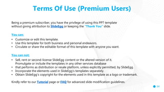 26
Terms Of Use (Premium Users)
Being a premium subscriber, you have the privilege of using this PPT template
without giving attribution to SlideEgg or keeping the “Thank You” slide.
You can:
• Customize or edit this template.
• Use this template for both business and personal endeavors.
• Circulate or share the editable format of this template with anyone you want.
You can not:
• Sell, rent or second-license SlideEgg content or the altered version of it.
Promulgate or include the templates in any other services database
• that performs as distribution or resale platform, unless explicitly permitted, by SlideEgg.
• Incorporate the elements used in SlideEgg’s templates separately.
• Obtain SlideEgg’s copyright for the elements used in this template as a logo or trademark.
Kindly refer to our Tutorial page or FAQ for advanced slide modification guidelines.
 