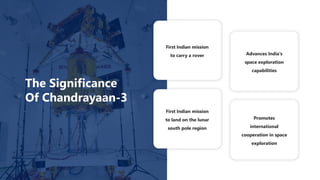 First Indian mission
to land on the lunar
south pole region
First Indian mission
to carry a rover Advances India's
space exploration
capabilities
Promotes
international
cooperation in space
exploration
The Significance
Of Chandrayaan-3
 